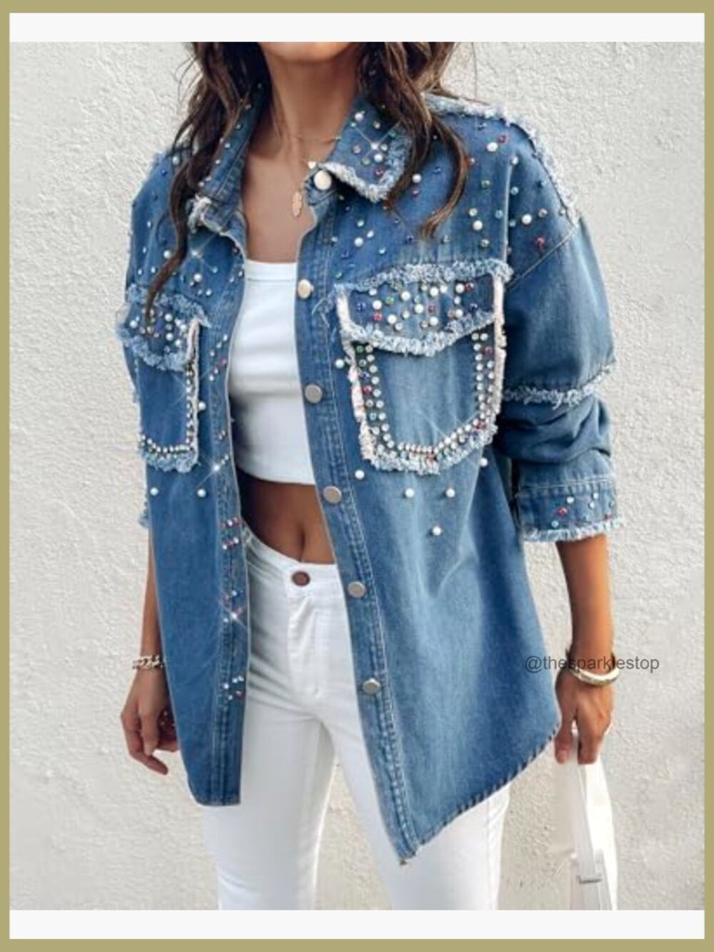 Women's Denim Jacket with Sequin Pockets Rhinestone Long Sleeve Casual Coat - Picture 2 of 7